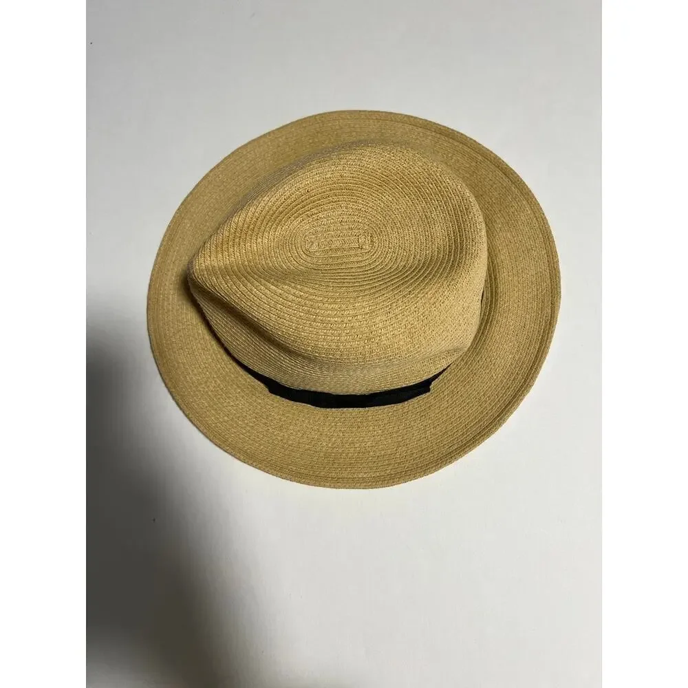 Milsa Straw Fedora Hat Tan Black Ribbon Bow 57.5cm Wide Brim Summer Sun Hat